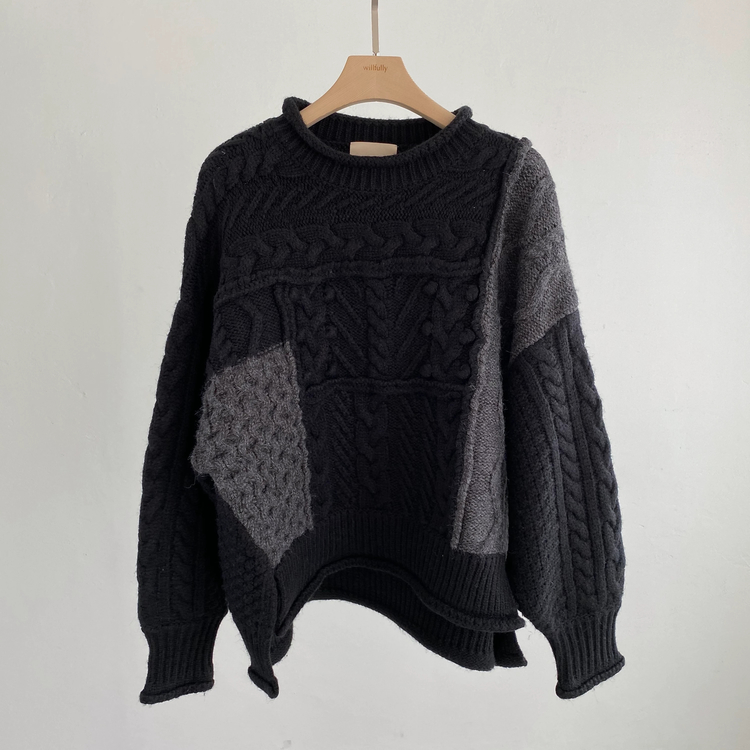 two-tone patchwork cable knit