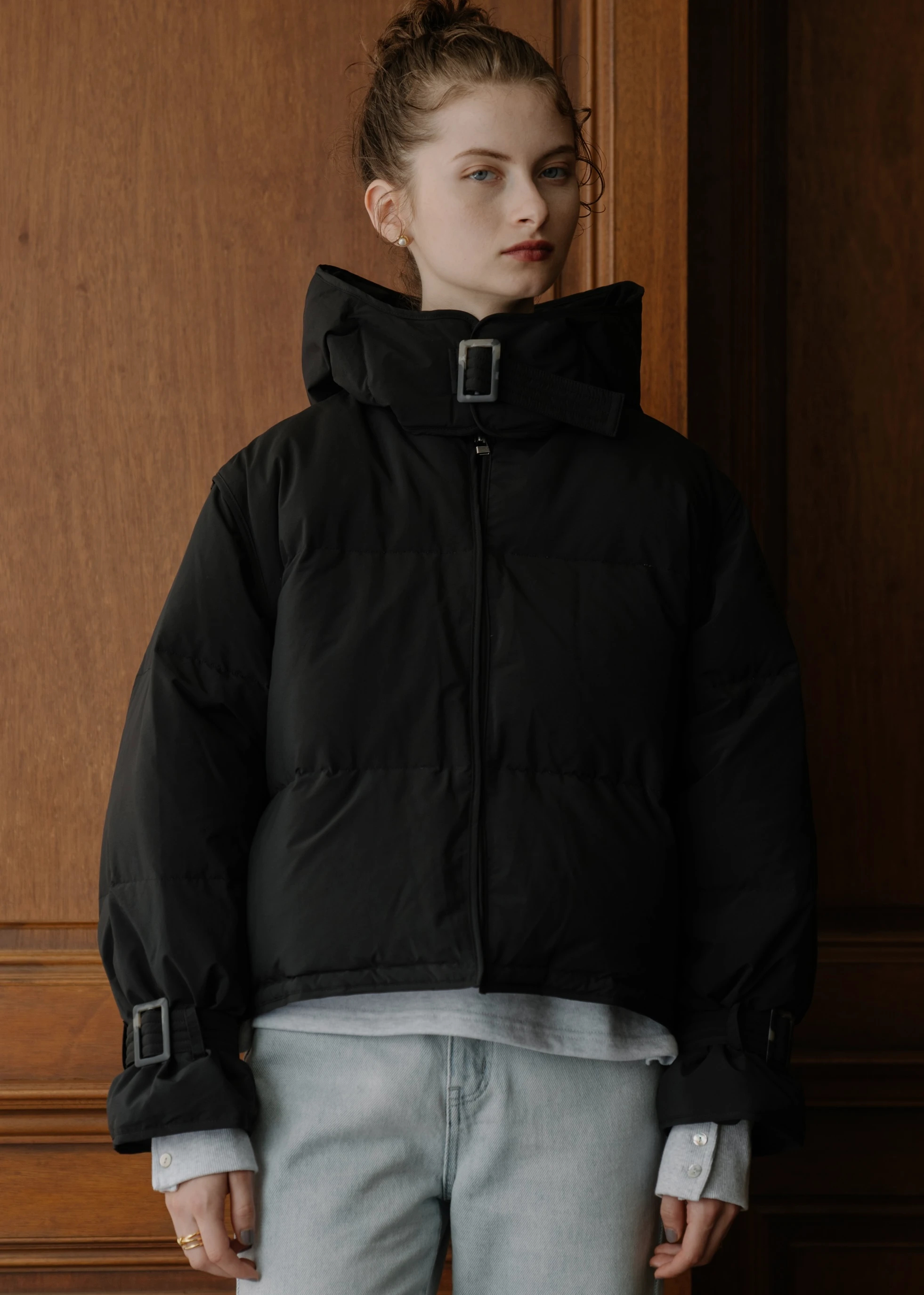 deformation removable sleeve hoodie short down