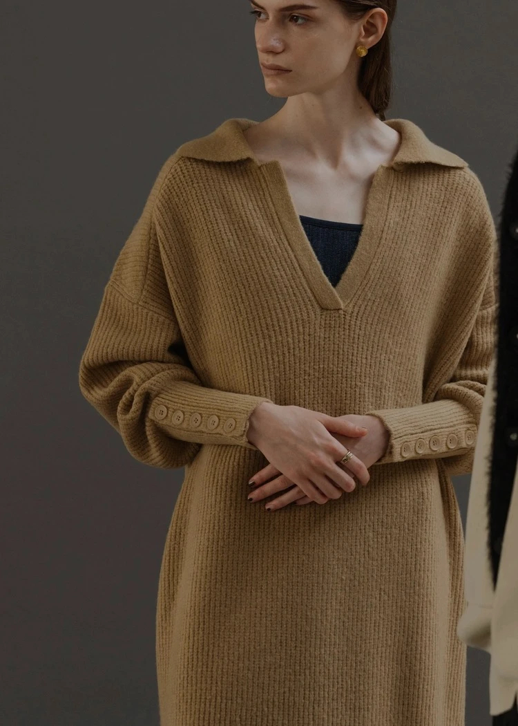 button sleeve v neck collar knit OP / willfully（ウィルフリー）の