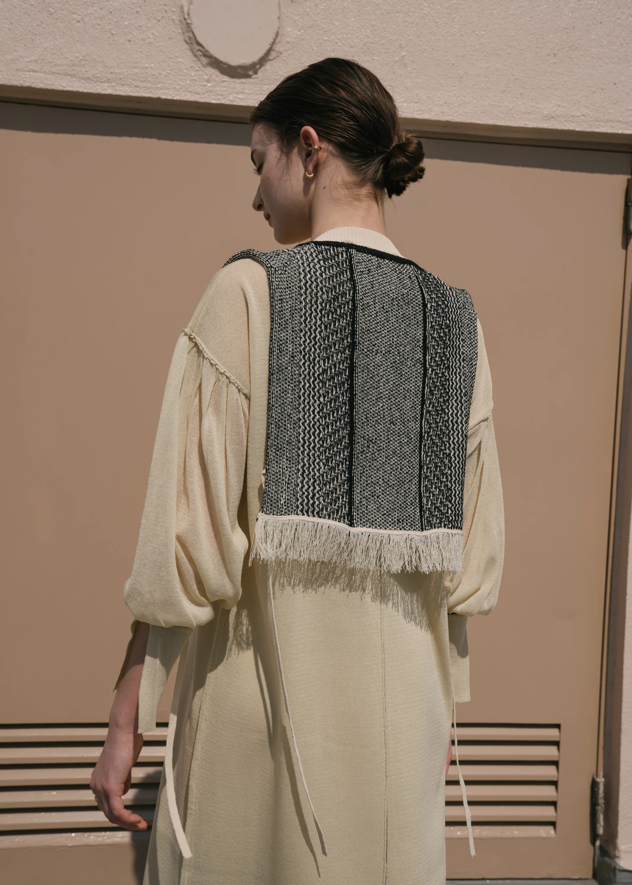 fringe jacquard zip knit vest