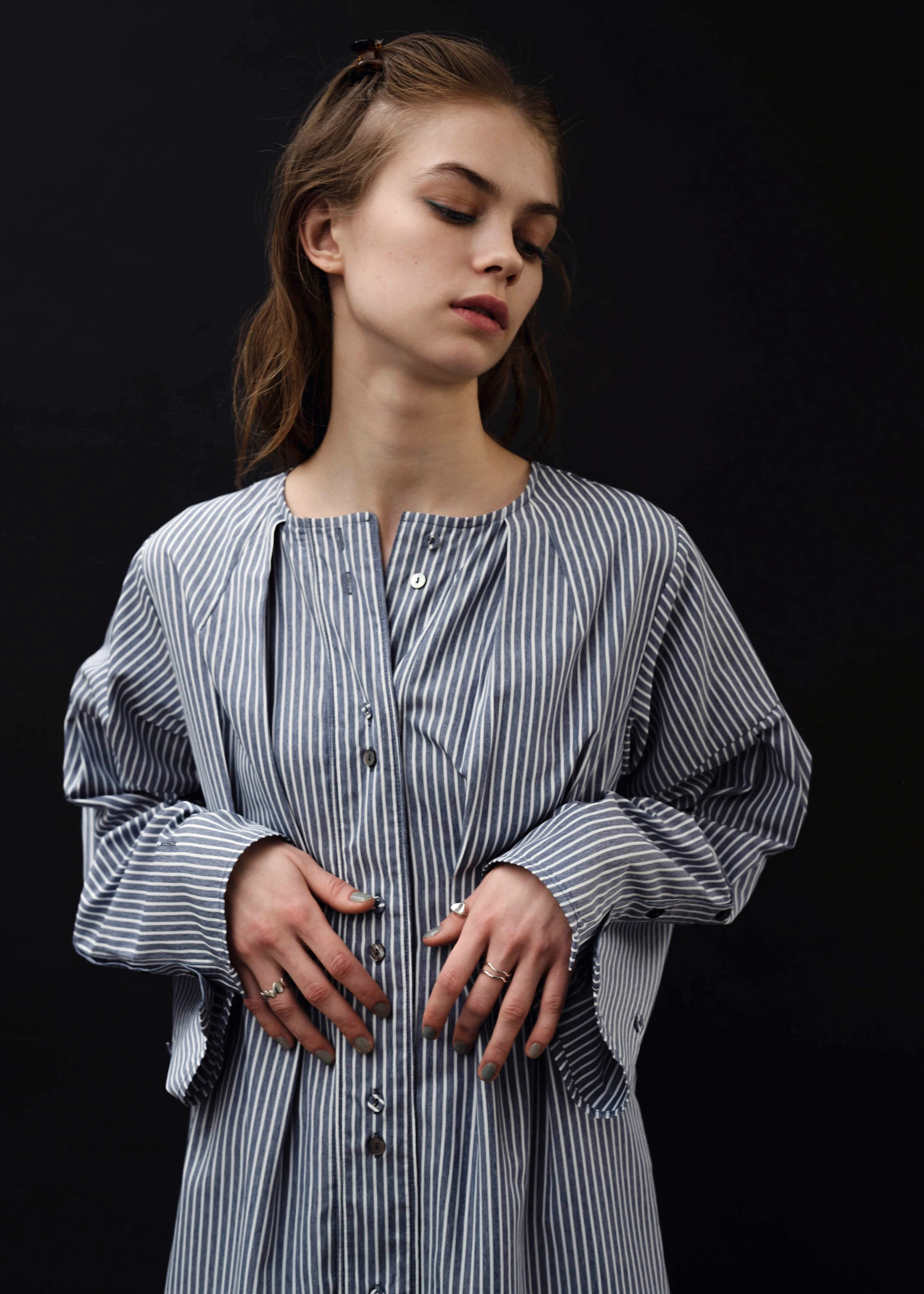 button flare sleeve stripe cotton OP