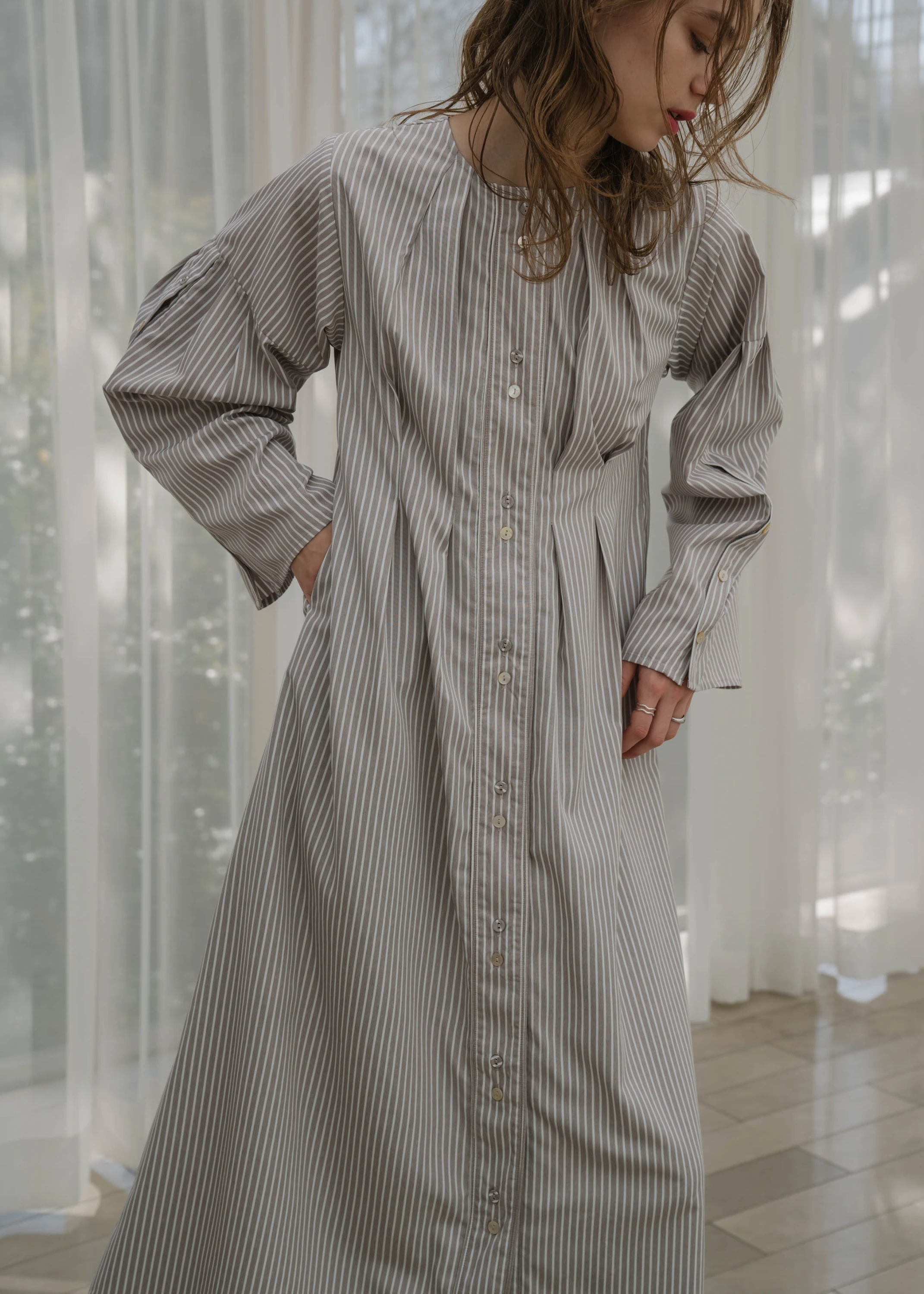 button flare sleeve stripe cotton OP / willfully（ウィルフリー）の 
