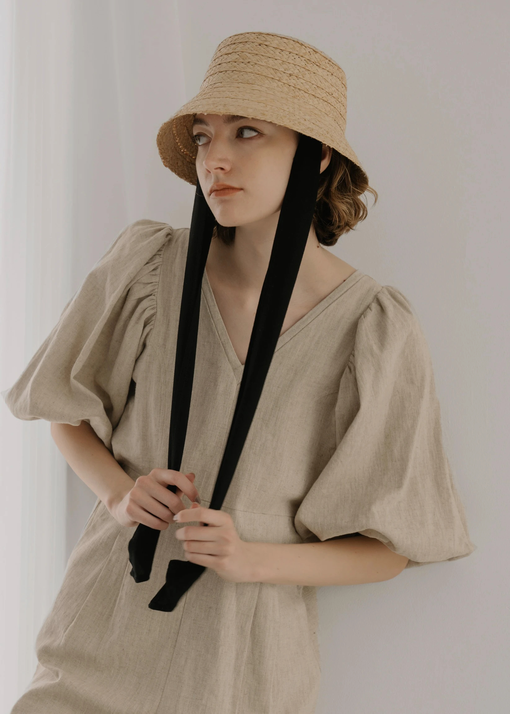 linen ribbon raffia cloche hat