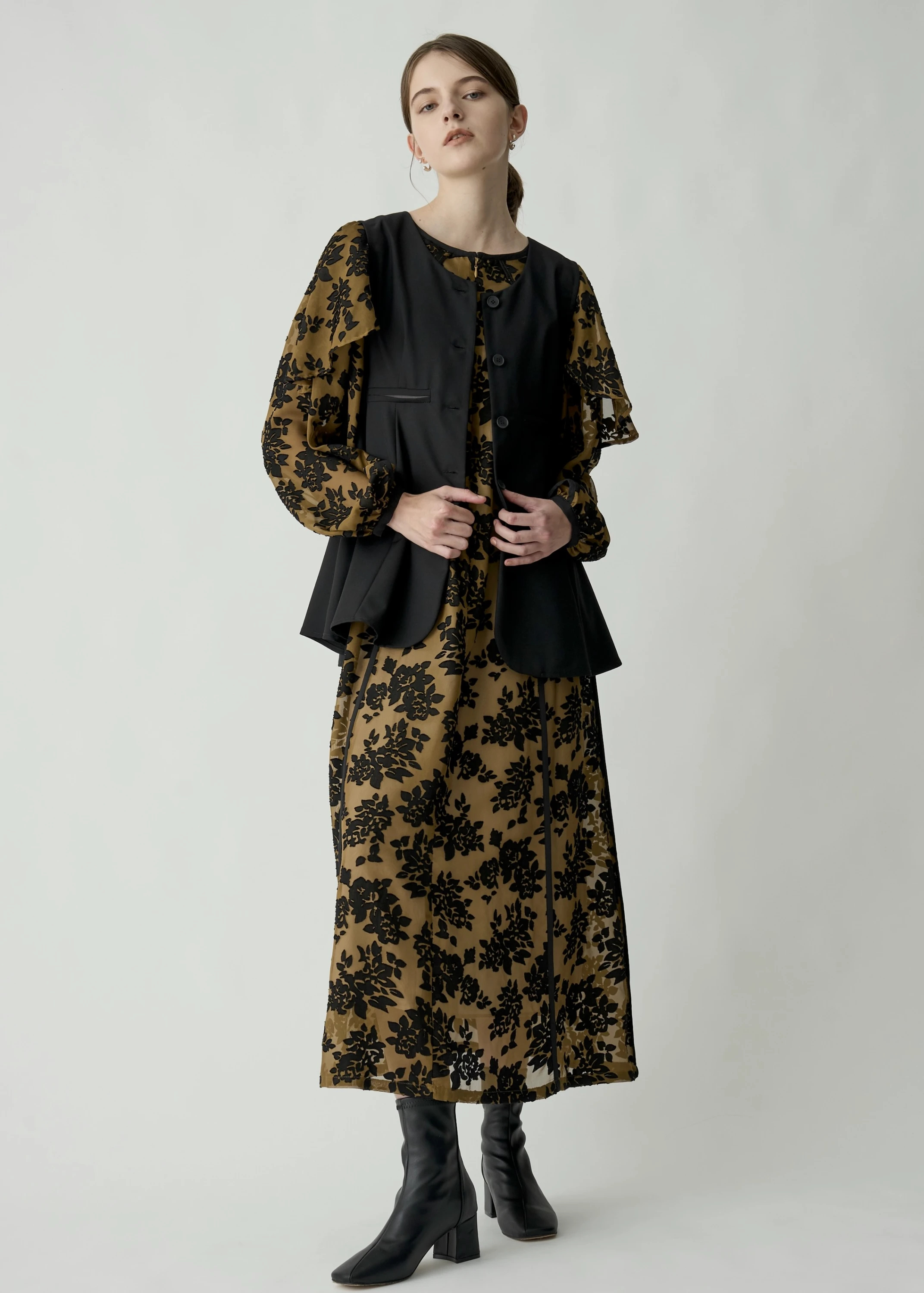 flower jacquard bi color piping OP ワンピース-