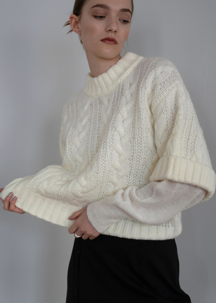 layered cable mock neck knit
