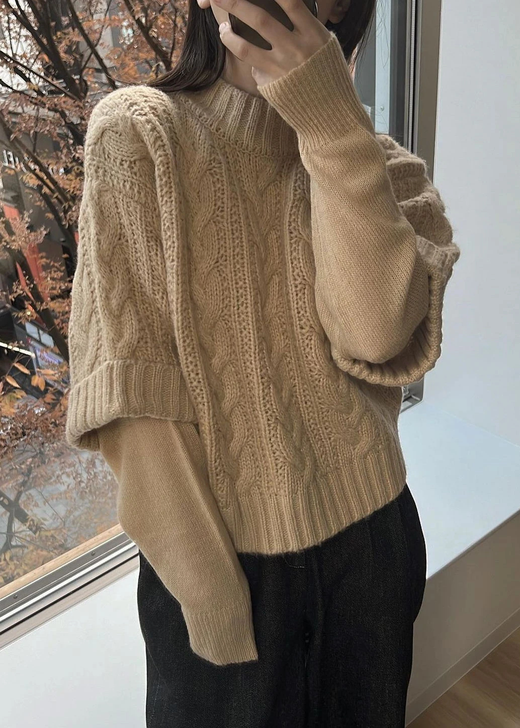 layered cable mock neck knit