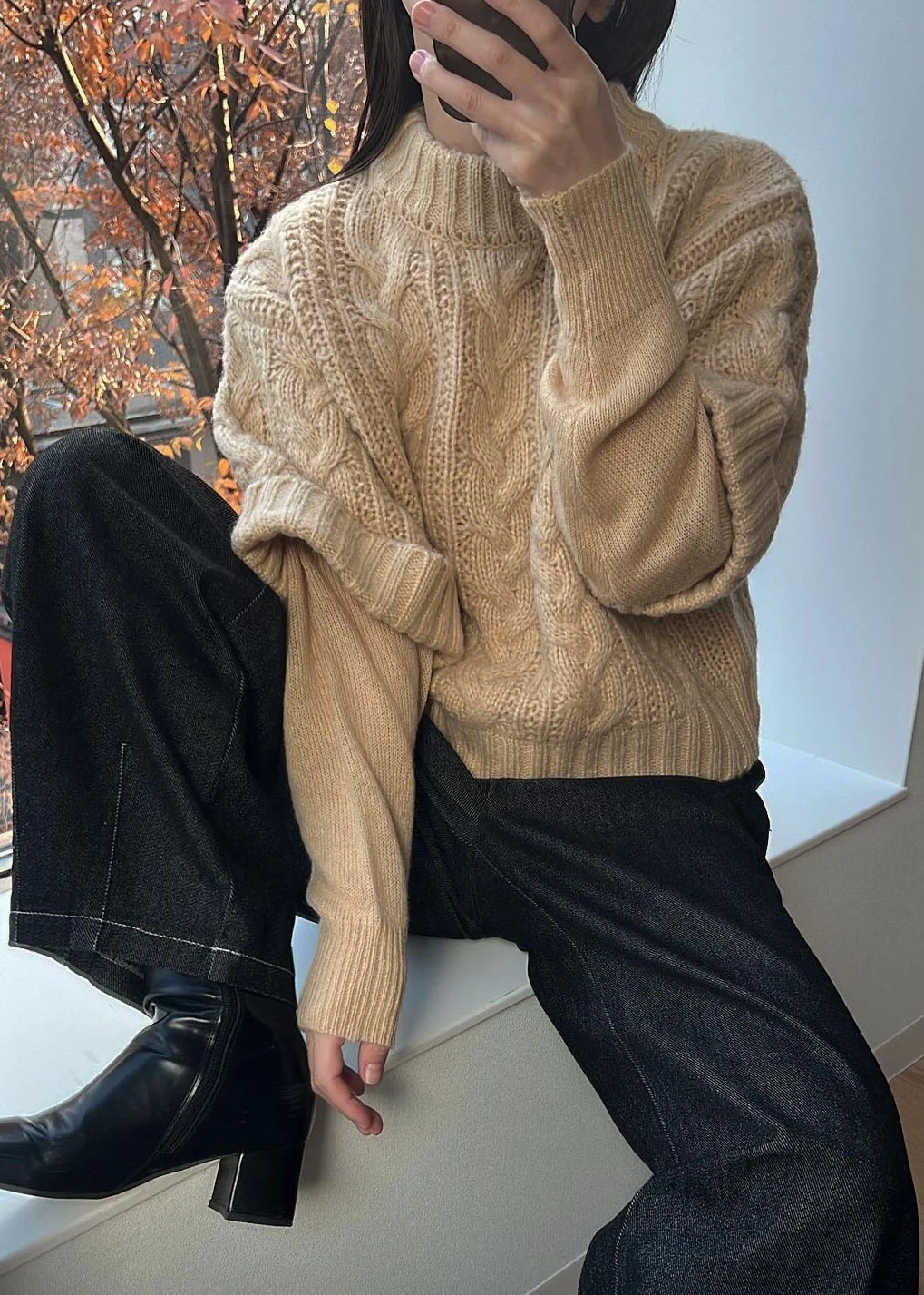 layered cable mock neck knit