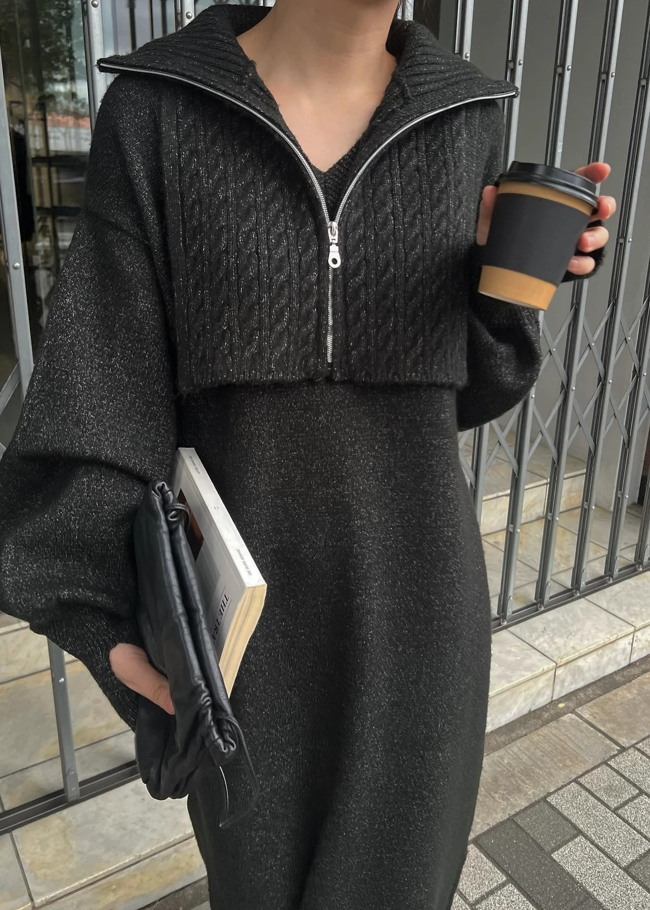 zip cable vest & volume sleeve melange knit OP