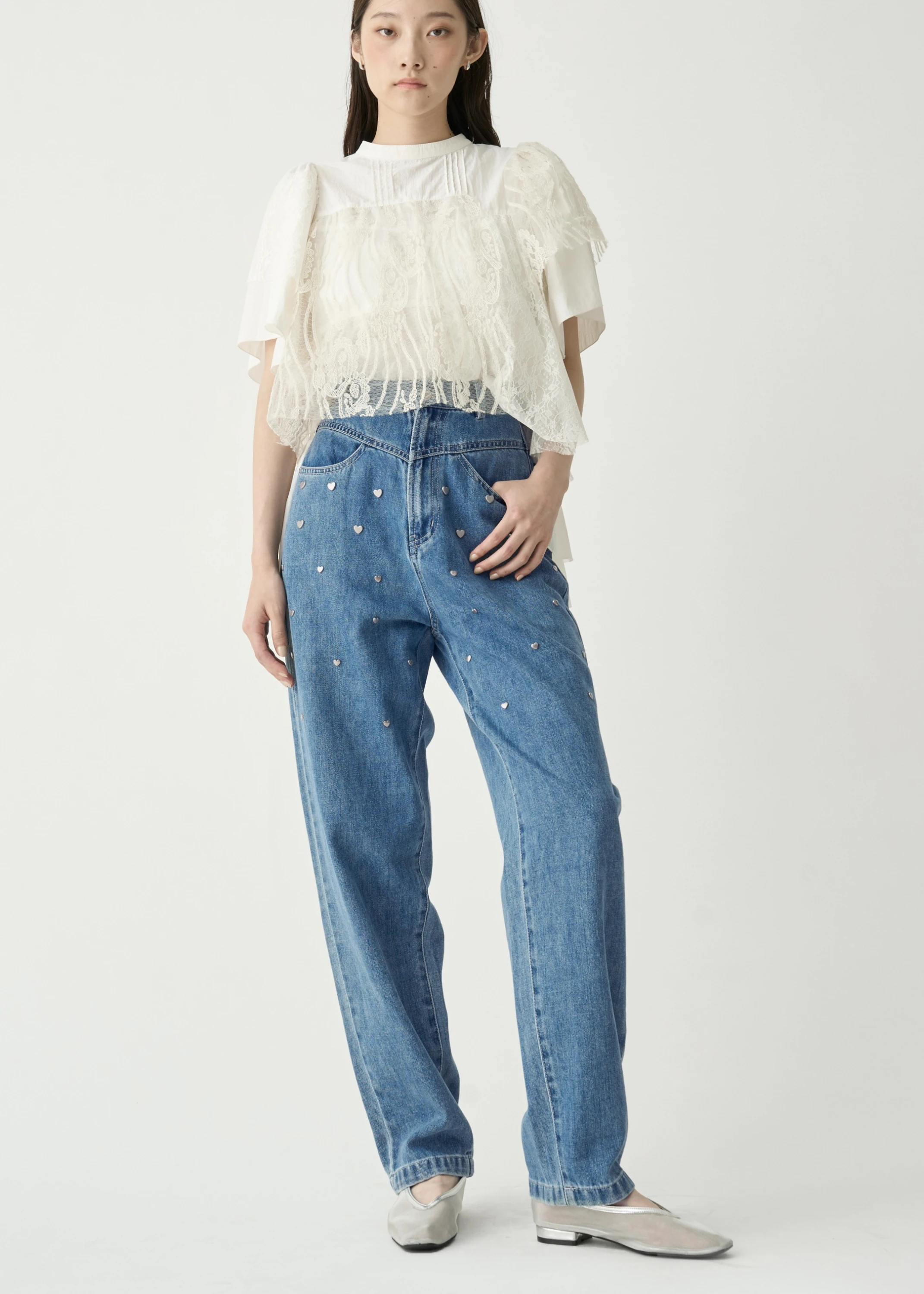 heart rivet & embroidery denim PT